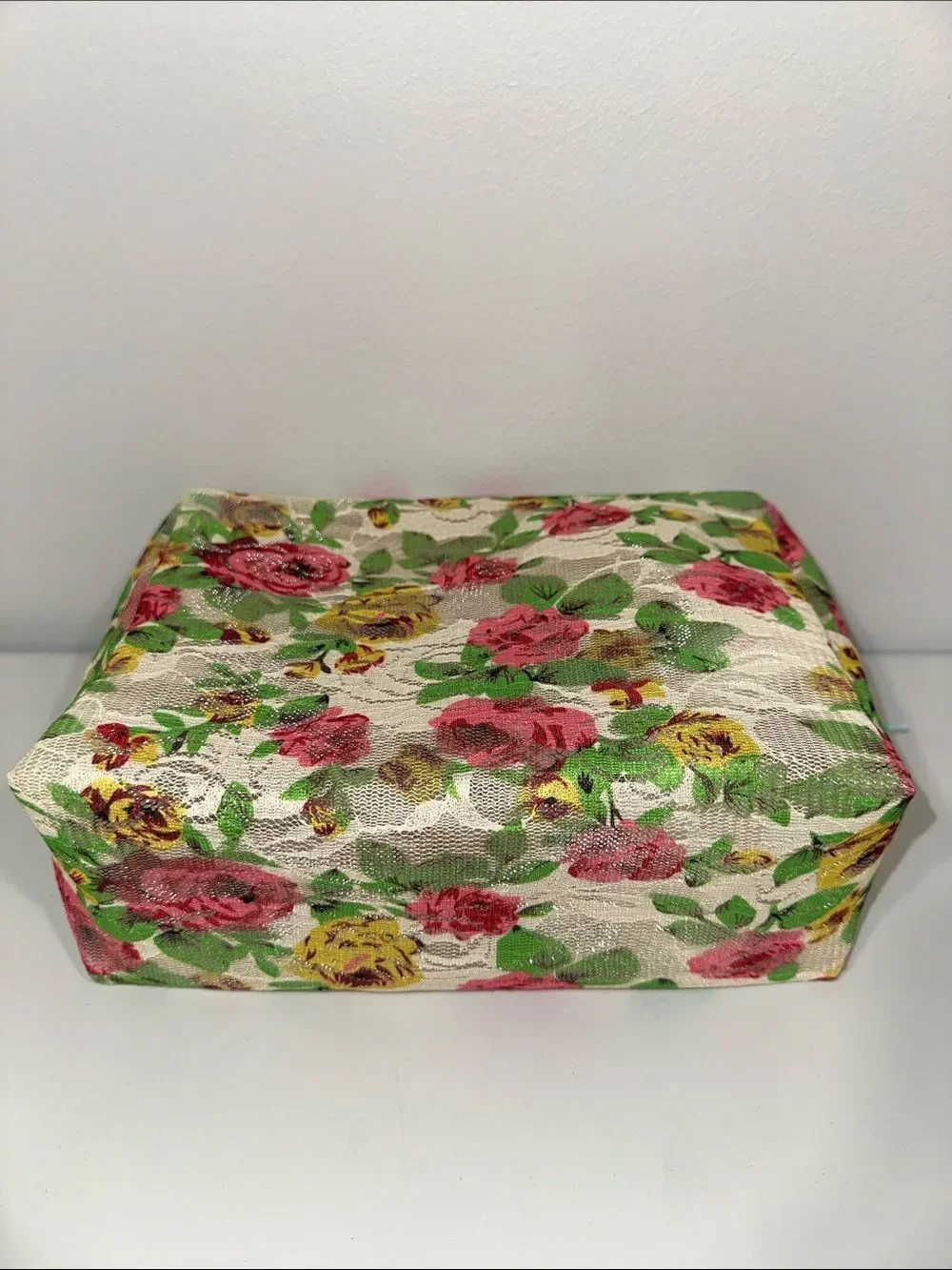 Urban Essentials Ivory Pink Green Yellow Rose Floral Lace Beauty Cosmetic Bag
